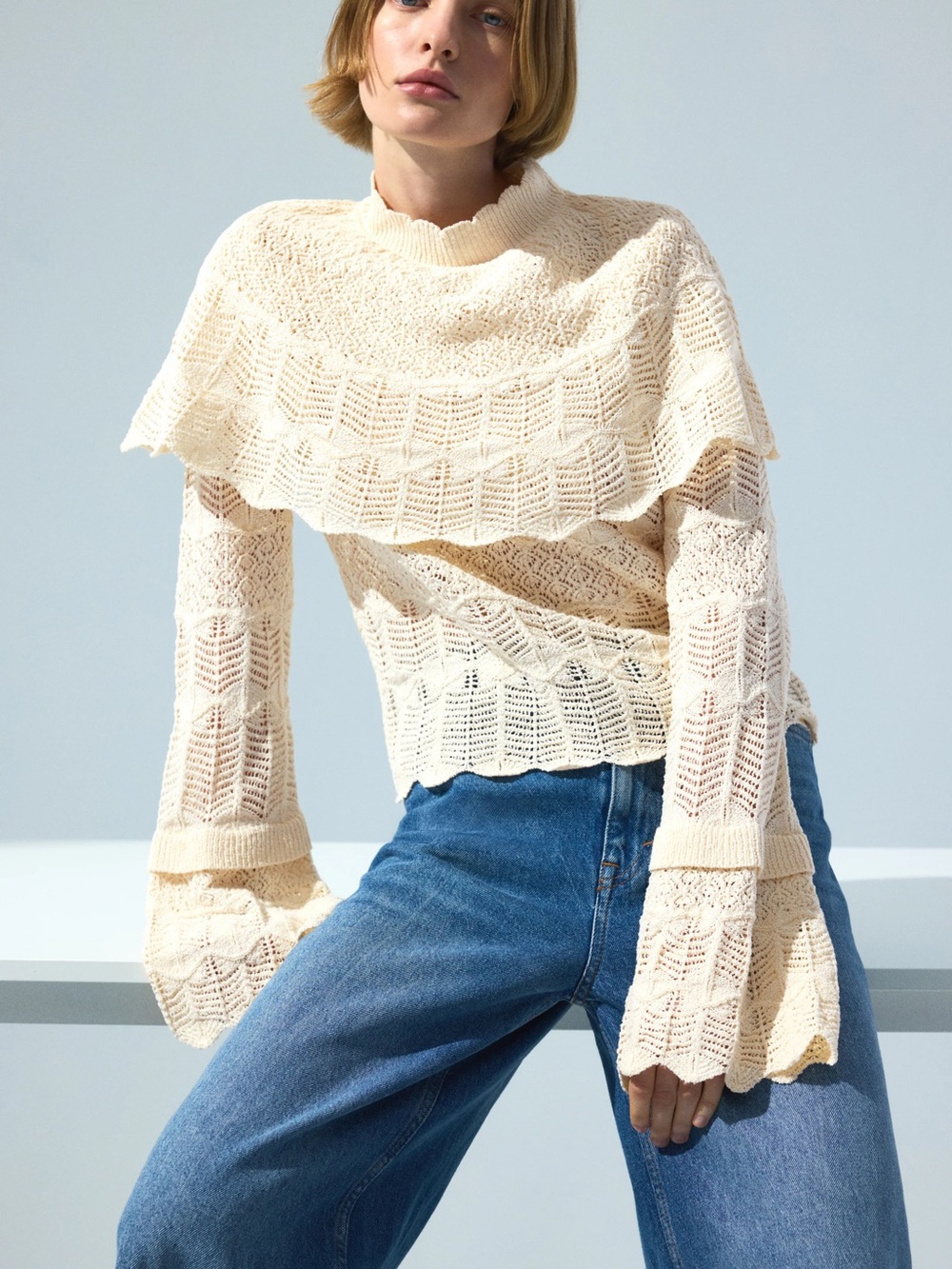 NWOT Cream Crochet Ruffle Knit Sweater